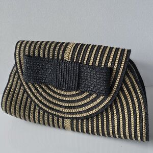 Vintage Black Tan Olive Woven Clutch Crossbody Straw Resort Bag